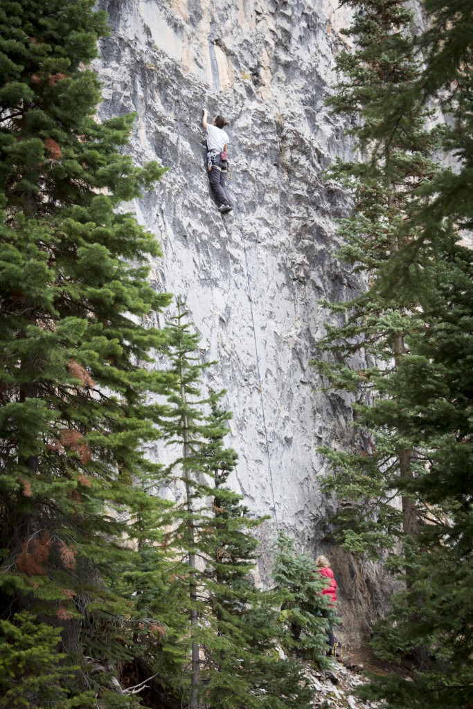 Kari on the sharp-end of a technical 5.11 slab.