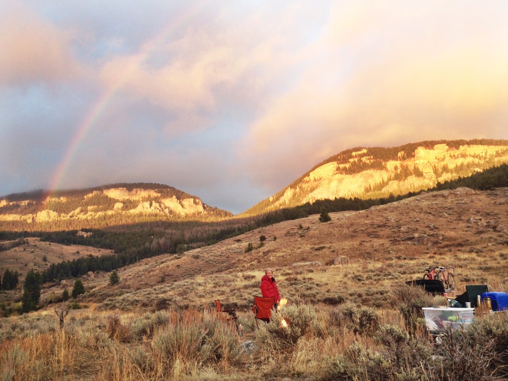 Beautiful rainbow and sunlight on the crags.