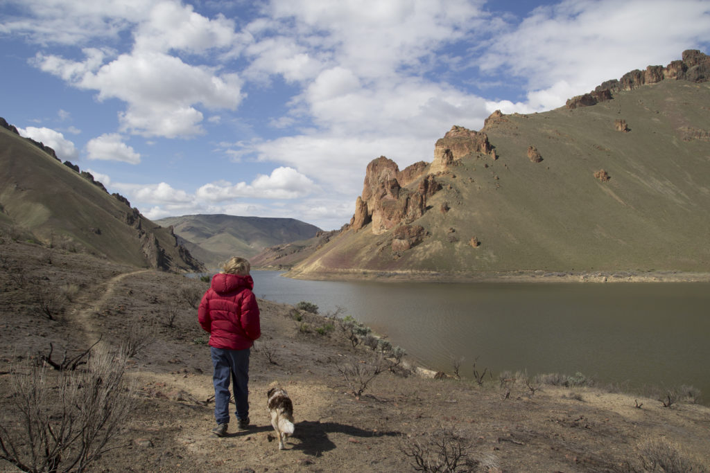 Robyn and Chossy exploring the banks of the Owyhee Reservoir. 